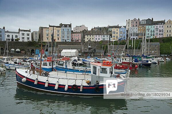 Boote im Hafen der Küstenstadt Tenby  Pembrokeshire  Wales  August