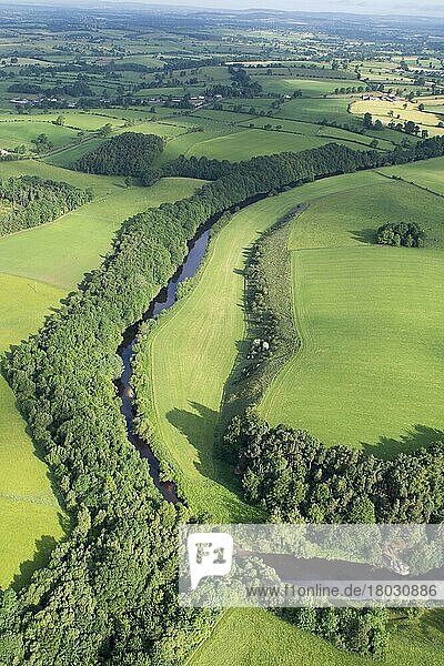 Luftaufnahme des von einheimischen Wäldern gesäumten Flusses  der durch die Landschaft fließt  Fluss Eden  bei Appleby  Eden Valley  Cumbria  England  Juli