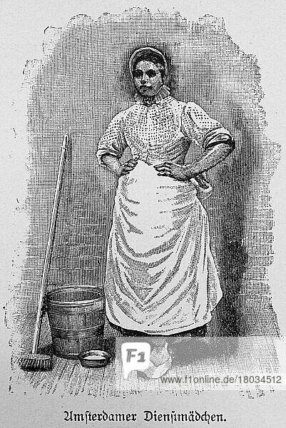 Maid  cleaning  service  young woman  broom  wooden bucket  simple clothes  wooden shoe  portrait  historical illustration from 1897  Amsterdam  Netherlands