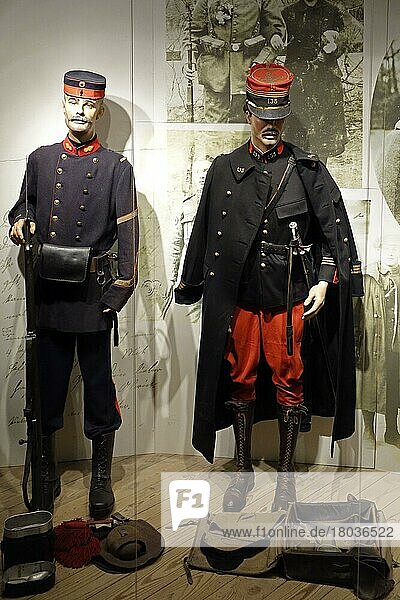 Uniforms of a Belgian soldier and a French officer from the First World War in the Memorial Museum Passchendaele 1917 in Zonnebeke  Belgium  Europe