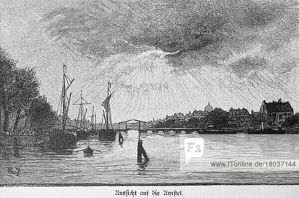 Stadtansicht  Fluss Amstel  Ziehbrücke  Kai  Segelschiffe  Sonnenstrahlen  friedliche Szene  Amsterdam  historische Illustration 1897  Niederlande  Europa