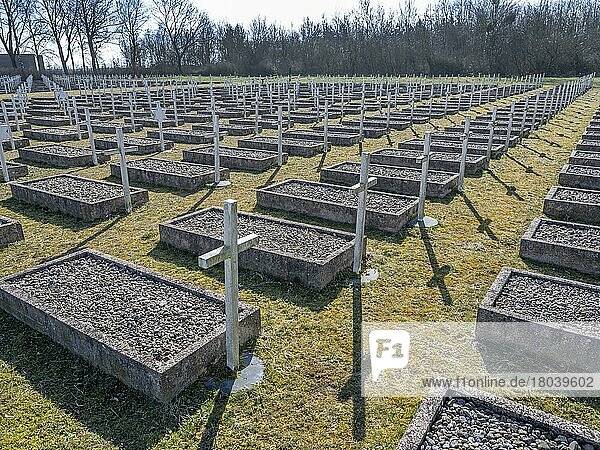 Gedenkstätte Feldscheune Isenschnibbe Gardelegen  Ehrenfriedhof mit Gräbern und Kreuze für 1016 KZ-Häftlinge aus vielen europäischen Ländern  die dort am 13. April 1945 in einer Feldscheune ermordet wurden  Gardelegen  Sachsen-Anhalt  Deutschland  Europa