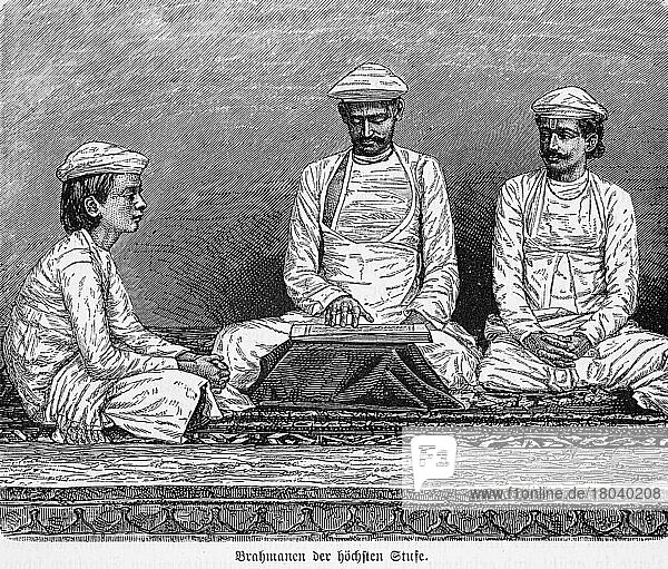Porträt  Brahamanen  indische Kaste  höchste Stufe  Hindu  vornehm  Männer  sitzen  Kleidung  Teppich  historische Illustration 1885  19. Jahrhundert  Vorderasien