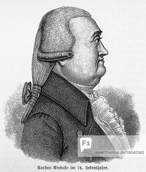 Carsten Niebuhr (1733-1815)  portrait  wig  suit  noble  rich  side view  German  explorer  travels  Arabia  mathematician  cartographer  historical illustration 1885  19th century  Central Asia