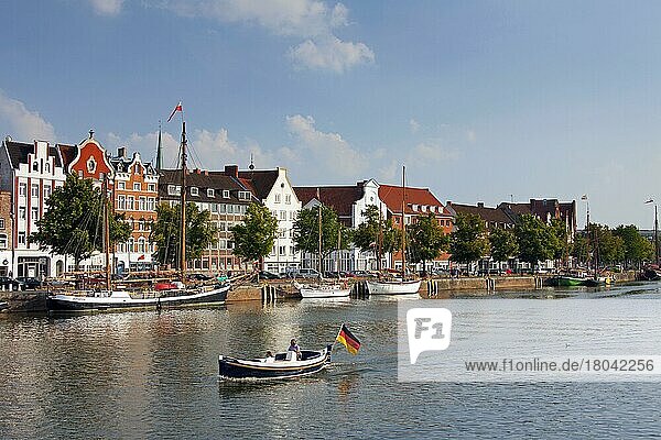 Museum harbour with traditional sailing boats  Untertrave  Hanseatic City of Lübeck  Schleswig-Holstein  Germany  Europe