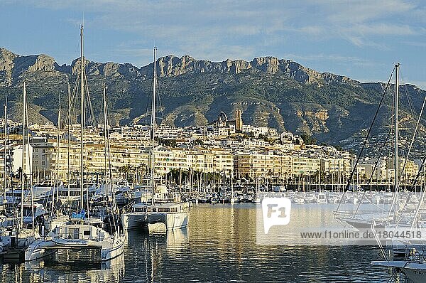 Yachthafen  Stadtansicht  Morgenlicht  Segelboote  Meer  Altea  Costa Blanca  Provinz Alicante  Spanien  Europa