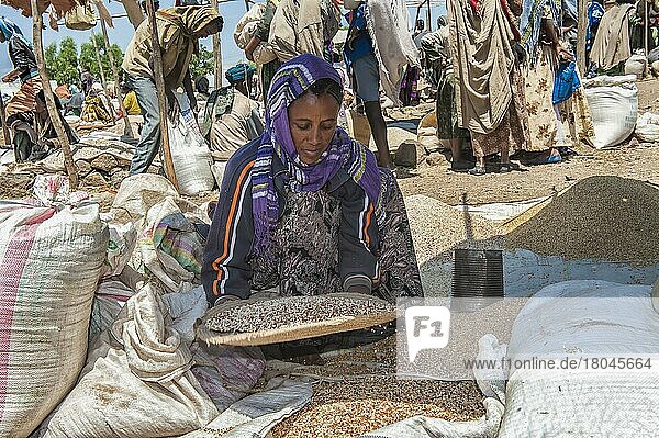 Frau verkauft Getreide  Markt  Lalibela  Region Amhara  Nordäthiopien  Äthiopien  Afrika