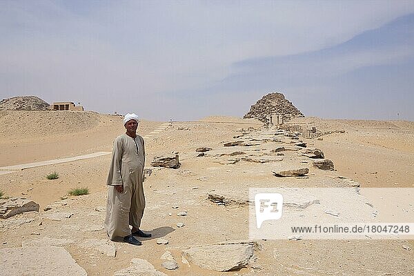 Man in front of funerary temple  pyramid of Pharaoh Sahure  Abusir  Egypt  Africa