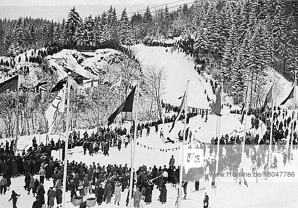 Das Ziel des Abfahrtsrennens am Kreuzeck Tal am zweiten Tag der IV. Olympischen Winterspiele