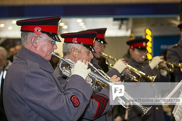 Brass band musicians play their trumpets at a fundraiser. London  England  United Kingdom  Europe