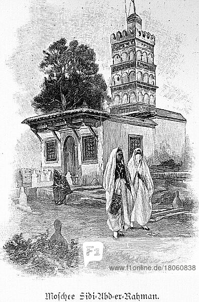 Moschee Sidi-Abd-er-Rahman  islamischer Friedhof  Turm  Frauen  arabische Kleidung  historische Illustration 1897  Algier  Algerien  Afrika