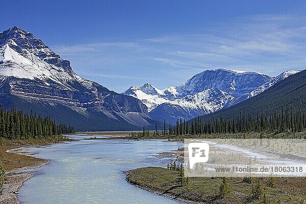 Athabasca River mit Gletscherschmelzwasser  das Gesteinsmehl mit sich führt  vor den Rocky Mountains  Jasper National Park  Alberta  Kanada  Nordamerika