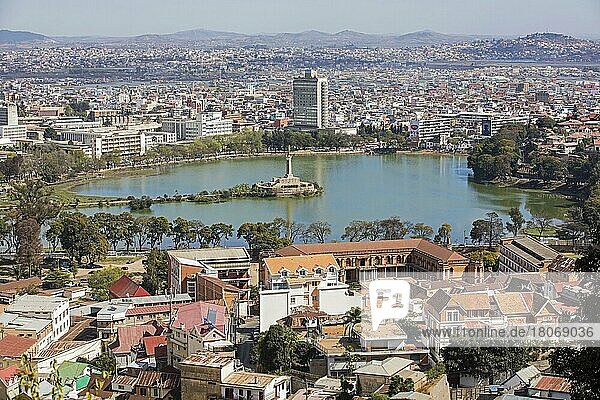 Aerial view over Lake Anosy with Monument aux Morts  monument to the dead in the centre of Antananarivo  capital of Madagascar  Southeast Africa
