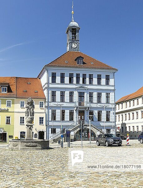 Rathaus und Paradiesbrunnen auf dem Marktplatz in Bischofswerda  Sachsen  Deutschland  Europa