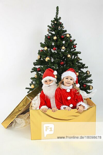 Kinder verkleidet als Weihnachtsmann  in großem Geschenk  am Weihnachtsbaum  geschmückter Weihnachtsbaum  Weihnachtsmänner  Weihnachtsgeschenk  Nikolaus  Nikolauskostüm