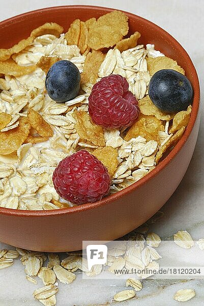 Müsli, Cornflakes, Haferflocken und Beeren, Himbeeren, Heidelbeeren, Hafer