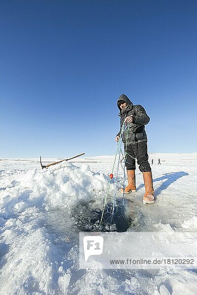 Ardahan (2017) 14. Januar  Fischer fischen mit einem Fischernetz auf dem zugefrorenen Cildir-See in der Stadt in der Türkei