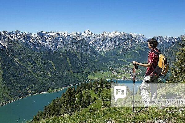 View of Lake Achensee from the Durra Cross  Tyrol  Austria  Europe