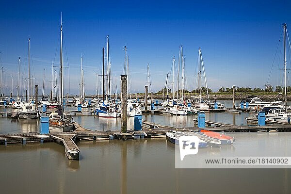 Sailing boats in the harbour of Bensersiel  East Frisia  Lower Saxony  Germany  Europe