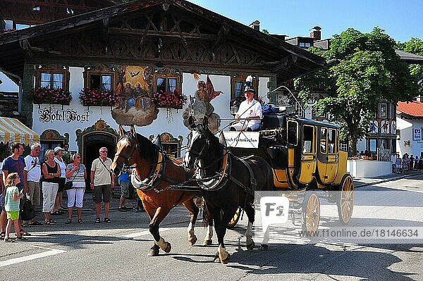 Village festival  nostalgic  stagecoach  Isar valley  Wallgau  Bavaria  Germany  Europe