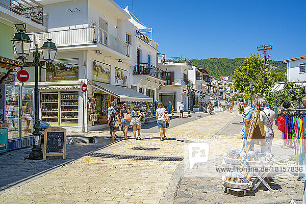 View of shops in Skiathos Town  Skiathos Island  Sporades Islands  Greek Islands  Greece  Europe