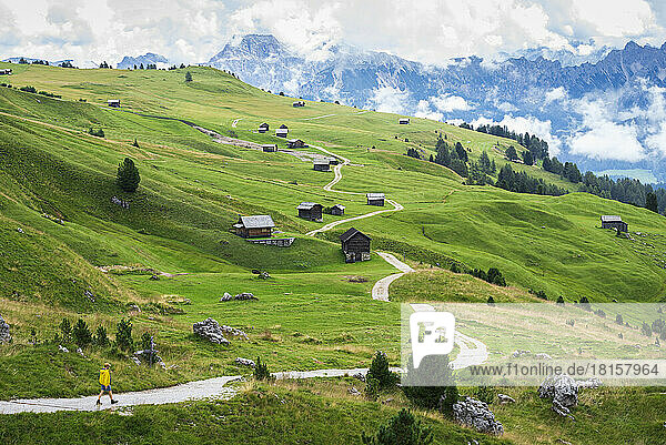 Wanderer auf Wanderweg zwischen grünen Wiesen und Holzhütten  Sass de Putia  Passo delle Erbe  Dolomiten  Südtirol  Italien  Europa