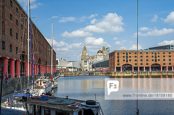 Albert Dock  with view of the Three Graces  Liverpool  Merseyside  England  United Kingdom  Europe