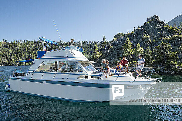 A group of friends enjoy a cruise in Emerald Bay.