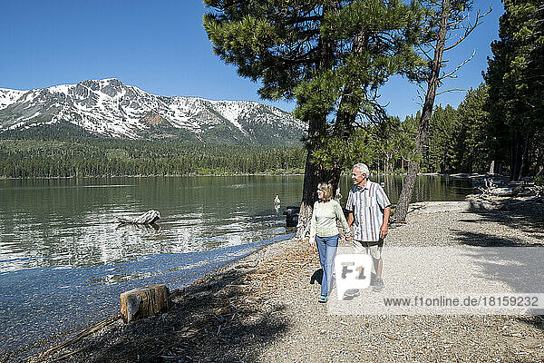 An older couple holds hands along the shoreline of Fallen Leaf Lake.