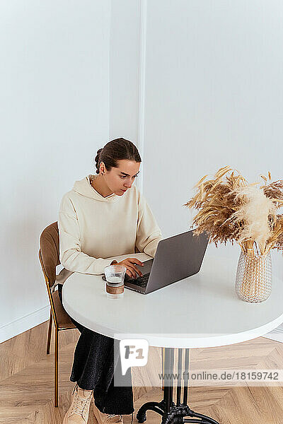 Ein junges Mädchen arbeitet an einem Laptop in einer hellen Wohnung an einem
