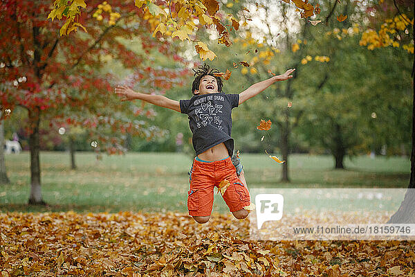Ein fröhlicher Junge springt in einem Haufen gefallener Blätter im Park