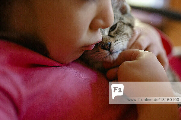 Close-up of a small child kissing and cuddling a little kitten