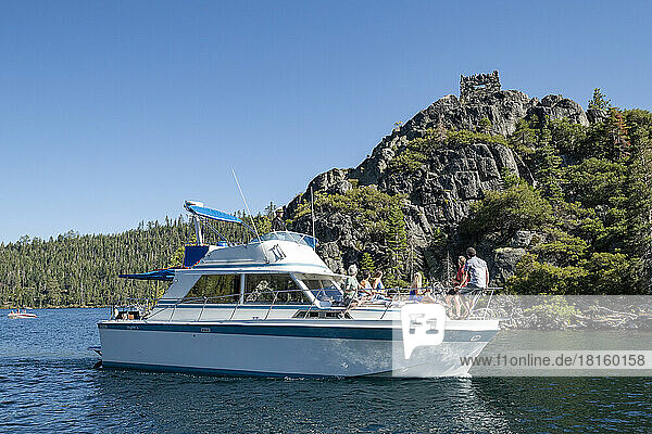 A group of friends enjoy a cruise in Emerald Bay.