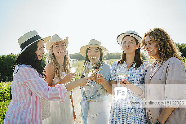 Cheerful women enjoying wine toasting at winery on sunny day