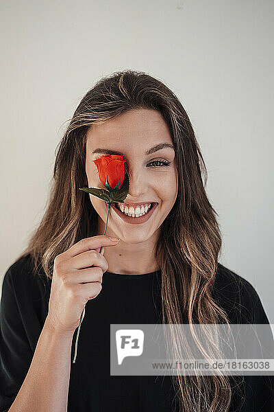Glückliche junge Frau bedeckt ihr Auge mit einer Rose vor weißem Hintergrund