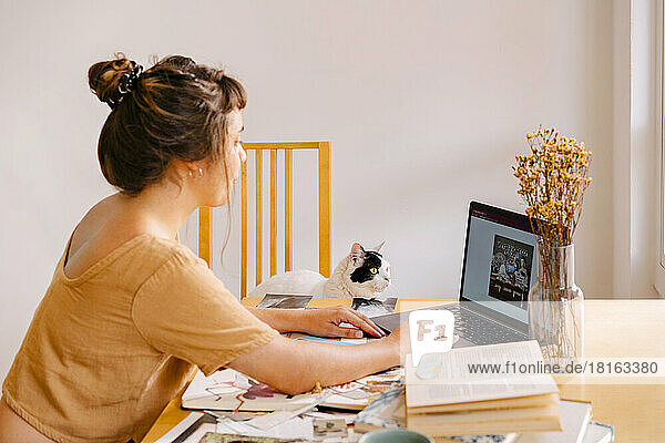 Freiberufler arbeitet zu Hause am Laptop neben der Katze