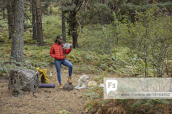 Young woman reading map with dog sitting in forest