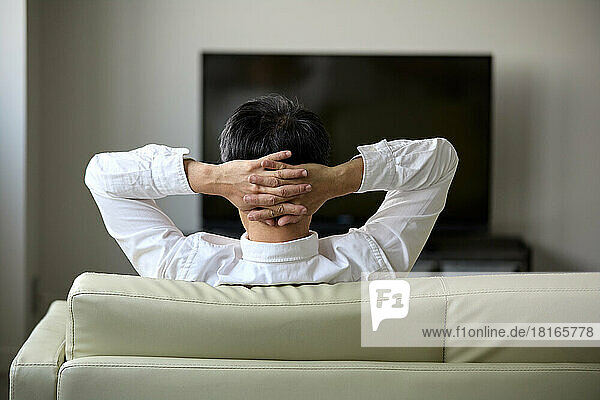Rückansicht eines japanischen Mannes  der sich auf dem Sofa entspannt