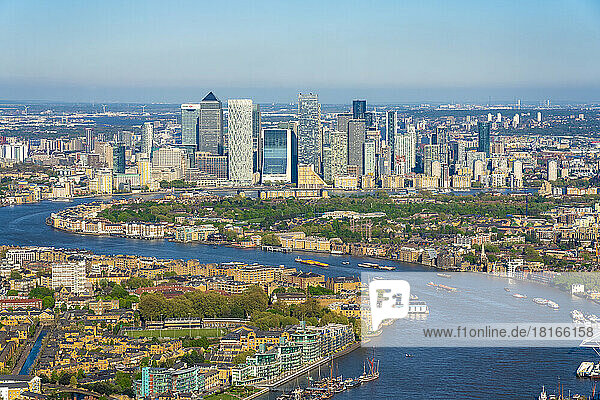 UK  England  London  Elevated view of river Thames winding through Canary Wharf