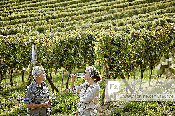 Mature woman drinking wine standing by man in vineyard