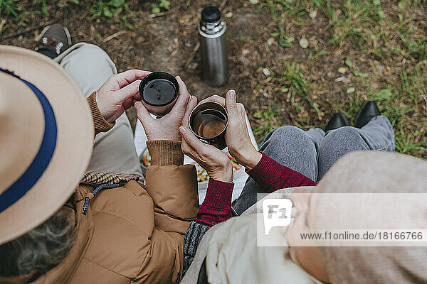 Couple sitting with cup of tea in forest