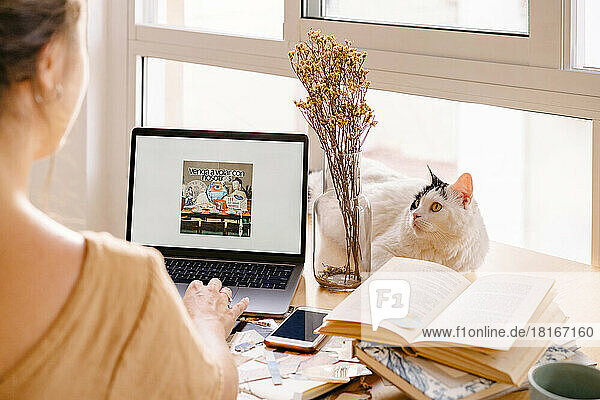 Cat looking at freelancer working on laptop in home office