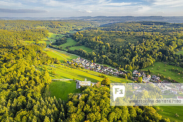 Germany  Baden-Wurttemberg  Drone view of village in Nassach Valley