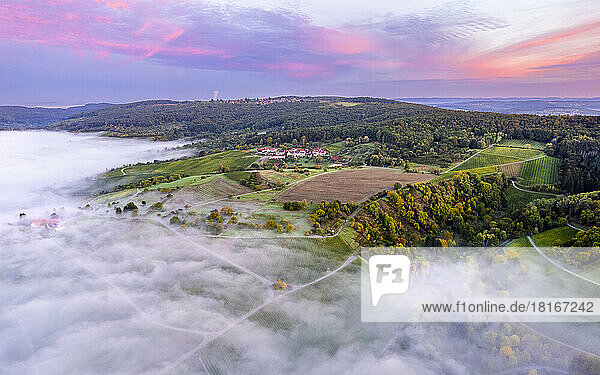Germany  Baden-Wurttemberg  Drone view of Rems Valley shrouded in thick autumn fog