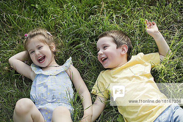 Fröhliche  süße Geschwister entspannen sich im Gras im Park