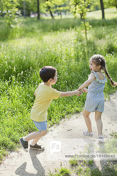 Glückliche Geschwister  die an einem sonnigen Tag gemeinsam im Park spielen