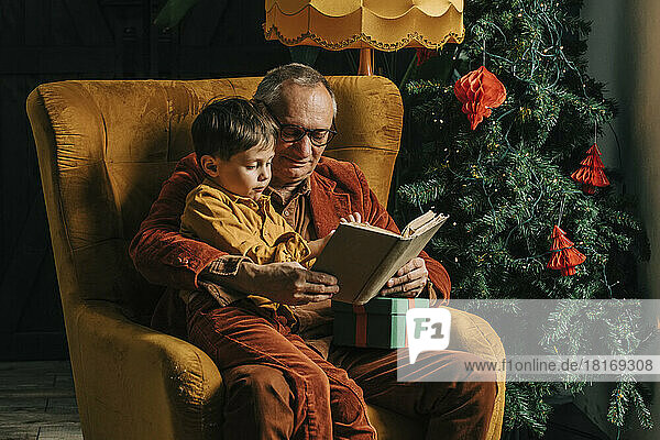 Smiling grandfather reading book to grandson at home