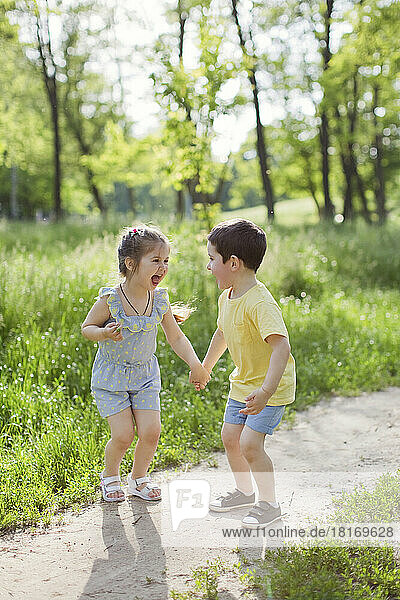 Cheerful cute girl holding hand of brother at park