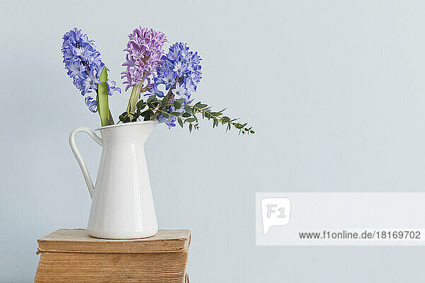 Hyacinth flowers in vase on old books