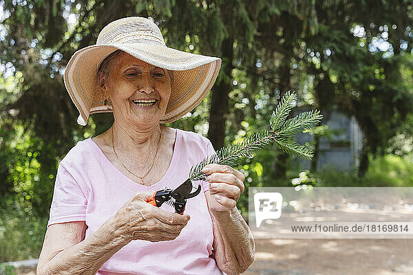 Happy senior woman cutting plant with pruning shears in park